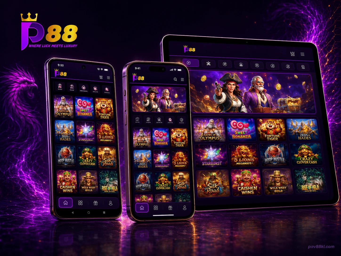 Pavilion88 mobile interface shown on Android, iPhone and tablet devices